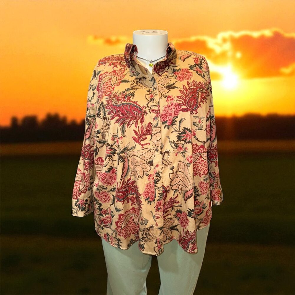 Chaps Floral Blouse - Red and Beige